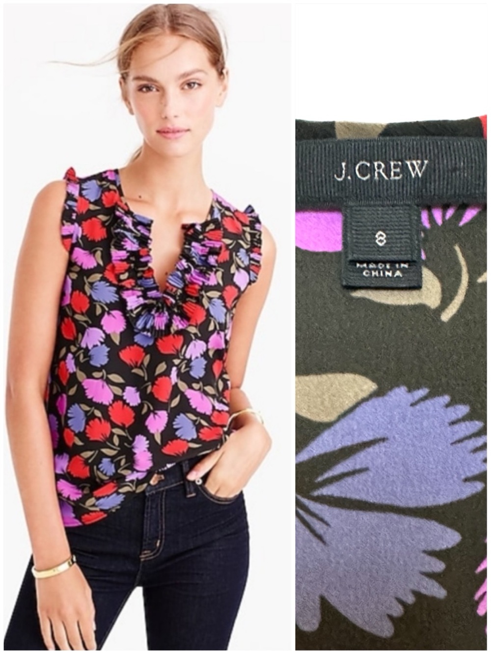 J Crew 100% Silk Painted Pansy Floral Print Sleeveless Blouse Margot Ruffle Top